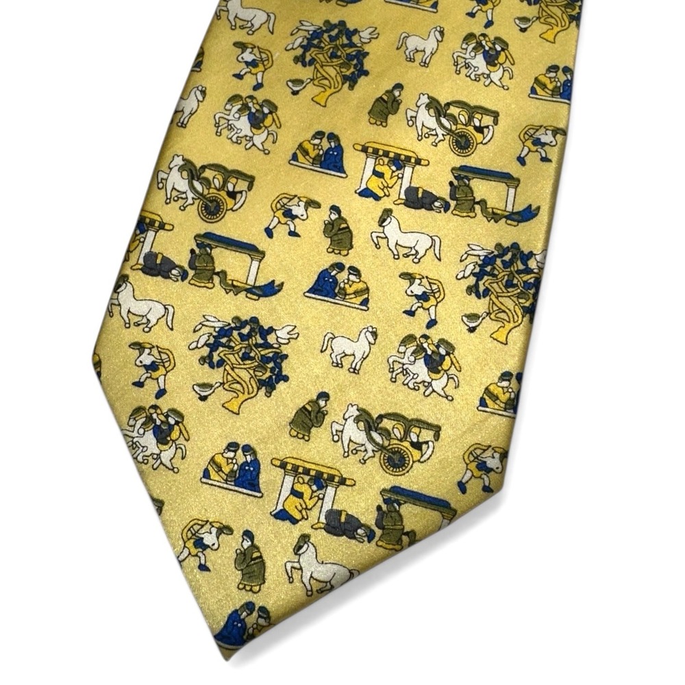 Kai Long Mens Silk Necktie Yellow Novelty Historical Horse Chariot Print